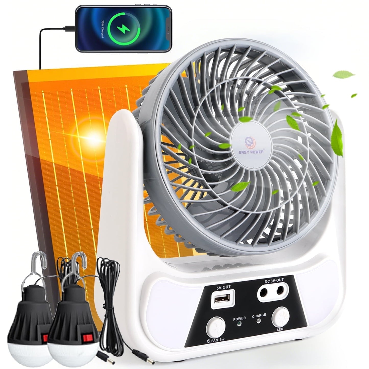 Ventilateur de camping solaire PUCACHI avec lanterne LED | Portable 6 pouces, double charge solaire/USB-C