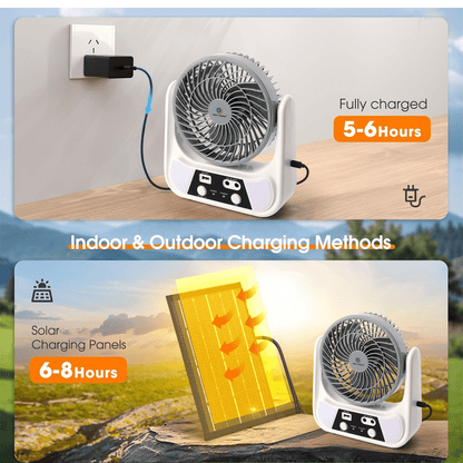 Ventilateur de camping solaire PUCACHI avec lanterne LED | Portable 6 pouces, double charge solaire/USB-C