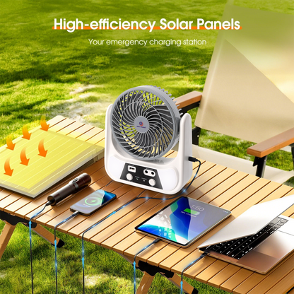 Ventilateur de camping solaire PUCACHI avec lanterne LED | Portable 6 pouces, double charge solaire/USB-C