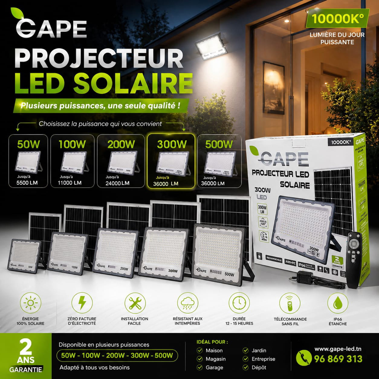 Projecteur LED Extérieur Étanche, Solaire & Batterie – 200w /300w/500w