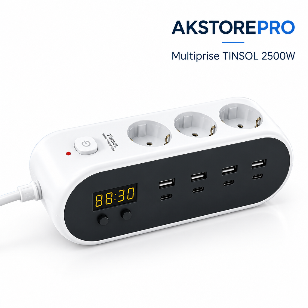 Multiprise TINSOL 2500W avec USB & USB-C – Câble 3 m Une alimentation pratique pour la maison et le bureau Simplifiez la recharge et l’alimentation de vos appareils avec la multiprise TINSOL 2500W.