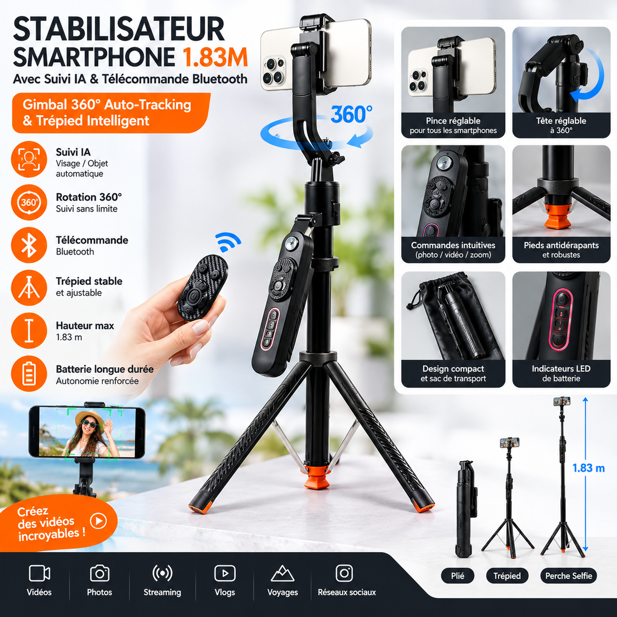 Filmez plus facilement en solo avec ce support intelligent pour smartphone. Il associe un suivi automatique du visage ou du sujet par IA, une rotation à 360°, un trépied extensible jusqu’à 1,83 m et une télécommande Bluetooth incluse. Suivi IA et rotation à 360° Le suivi intelligent aide à garder le sujet au centre du cadre pendant ses déplacements. La rotation complète accompagne vos mouvements pour des vidéos dynamiques, notamment pour TikTok, Reels, YouTube, tutoriels et vlogs. Trépied réglable et téléco