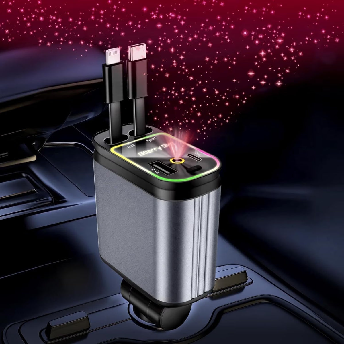 Chargeur Voiture 4-en-1 USB + Type-C avec Câbles USB-C & Lightning et LED Starry Sky