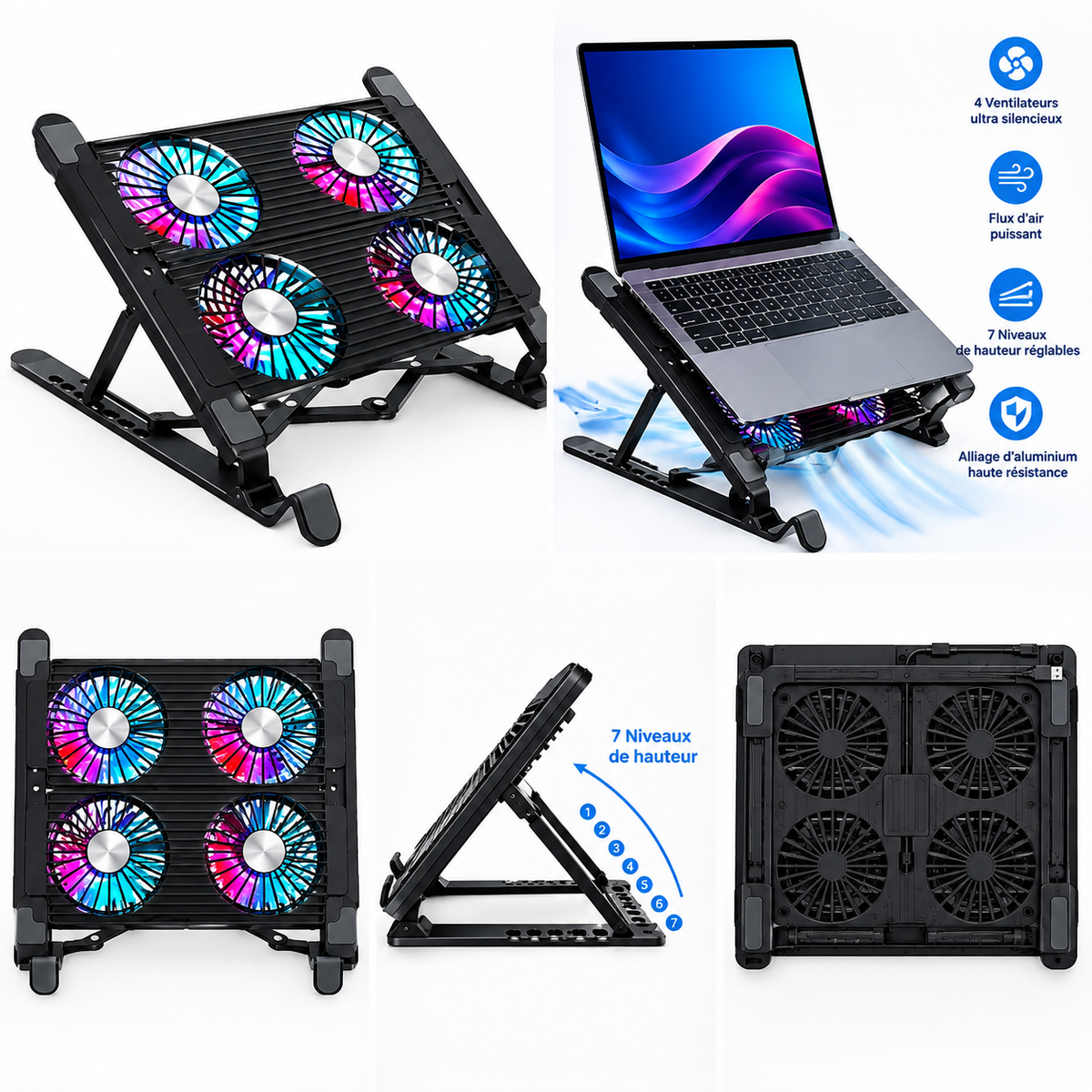 Support de refroidissement POPETPOP pour PC portable : 4 ventilateurs, 7 niveaux réglables et structure en aluminium. Découvrez-le chez AKSTOREPRO.