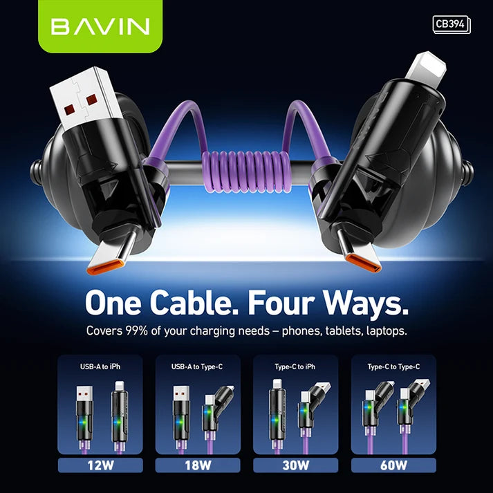 Câble BAVIN CB394 60W 4 en 1 en silicone avec lumière RGB