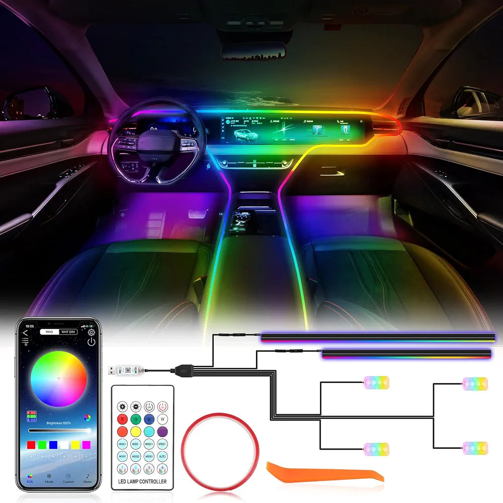 Chargeur voiture 4-en-1 USB et Type-C avec câbles intégrés USB-C et Lightning, éclairage LED Starry Sky