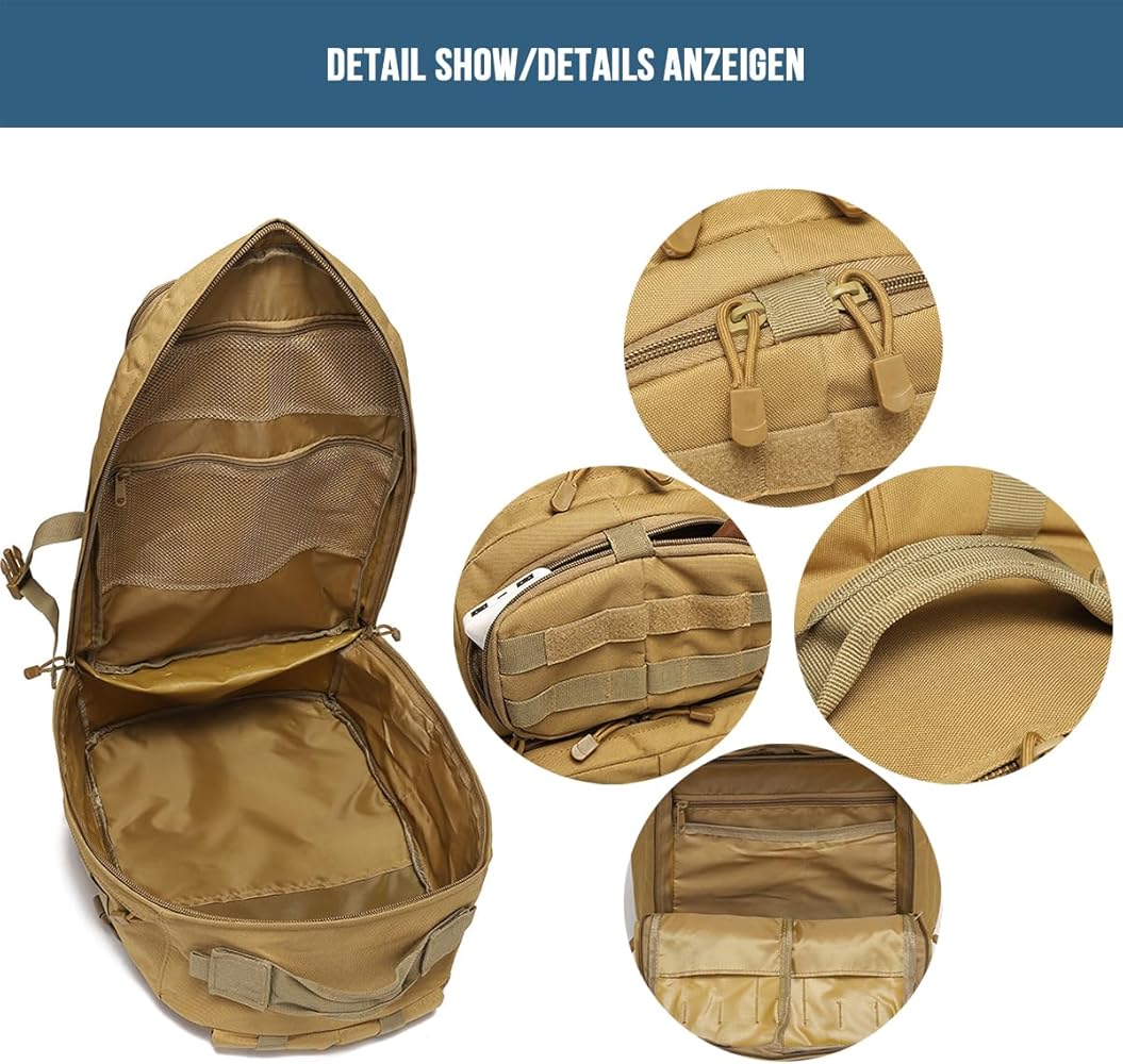 MUCHER Sac à dos militaire 40 l pour homme avec 4 crochets