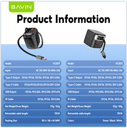BAVIN PC2077 – Chargeur rapide 45W avec câble rétractable