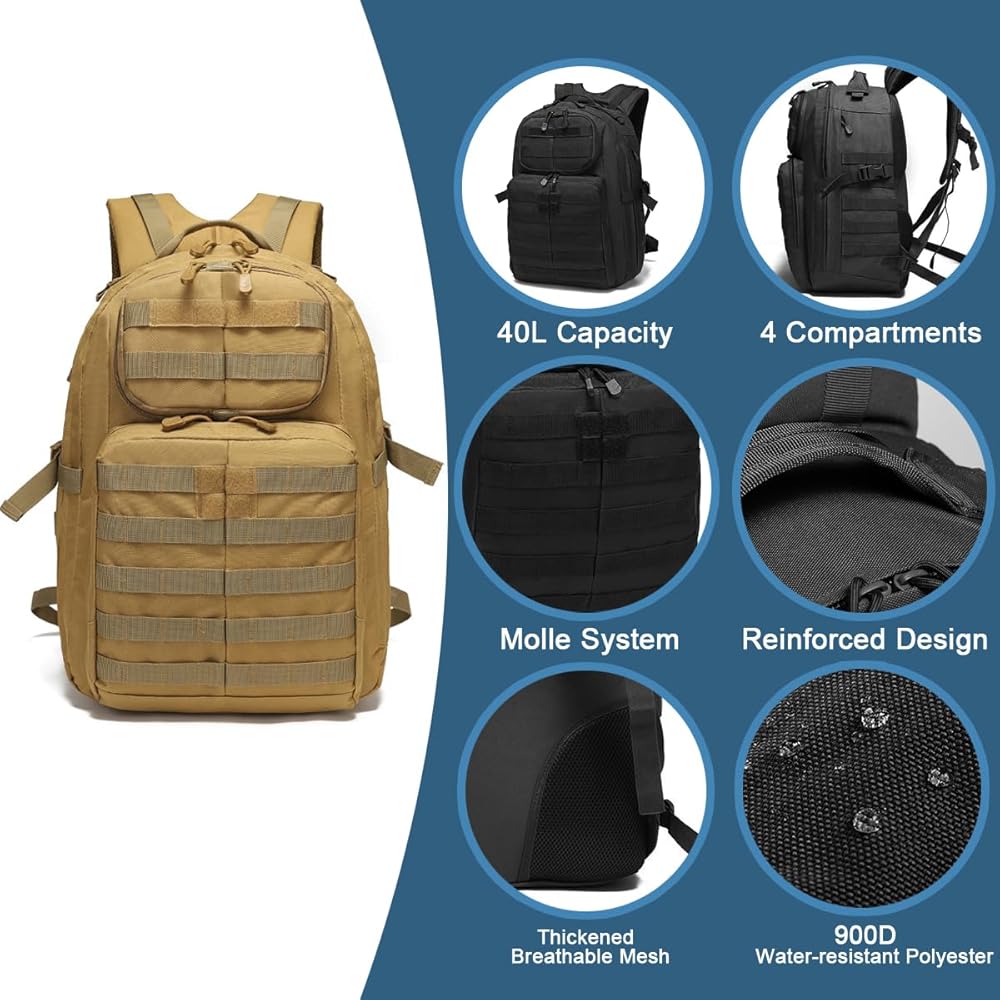 MUCHER Sac à dos militaire 40 l pour homme avec 4 crochets