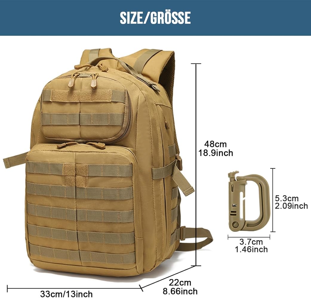 MUCHER Sac à dos militaire 40 l pour homme avec 4 crochets